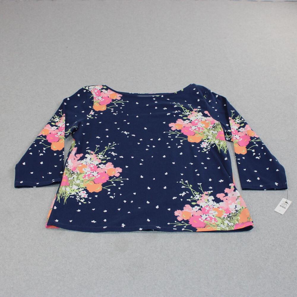 Talbots Shirt Women Large Blue Floral Boat Neck 3/4 Sleeve Stretch Comfortable